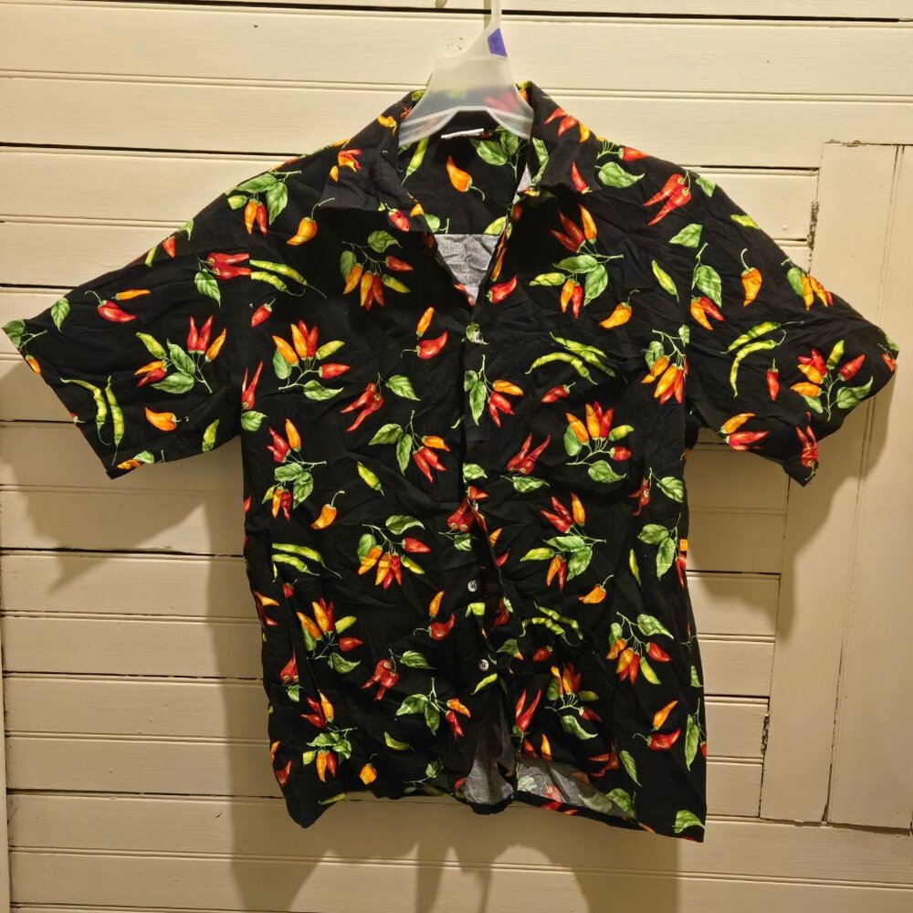 PATIOWEAR Shirt Mens M Black Chili Pepper Hawaiian Cotton Short Sleeve Button Up